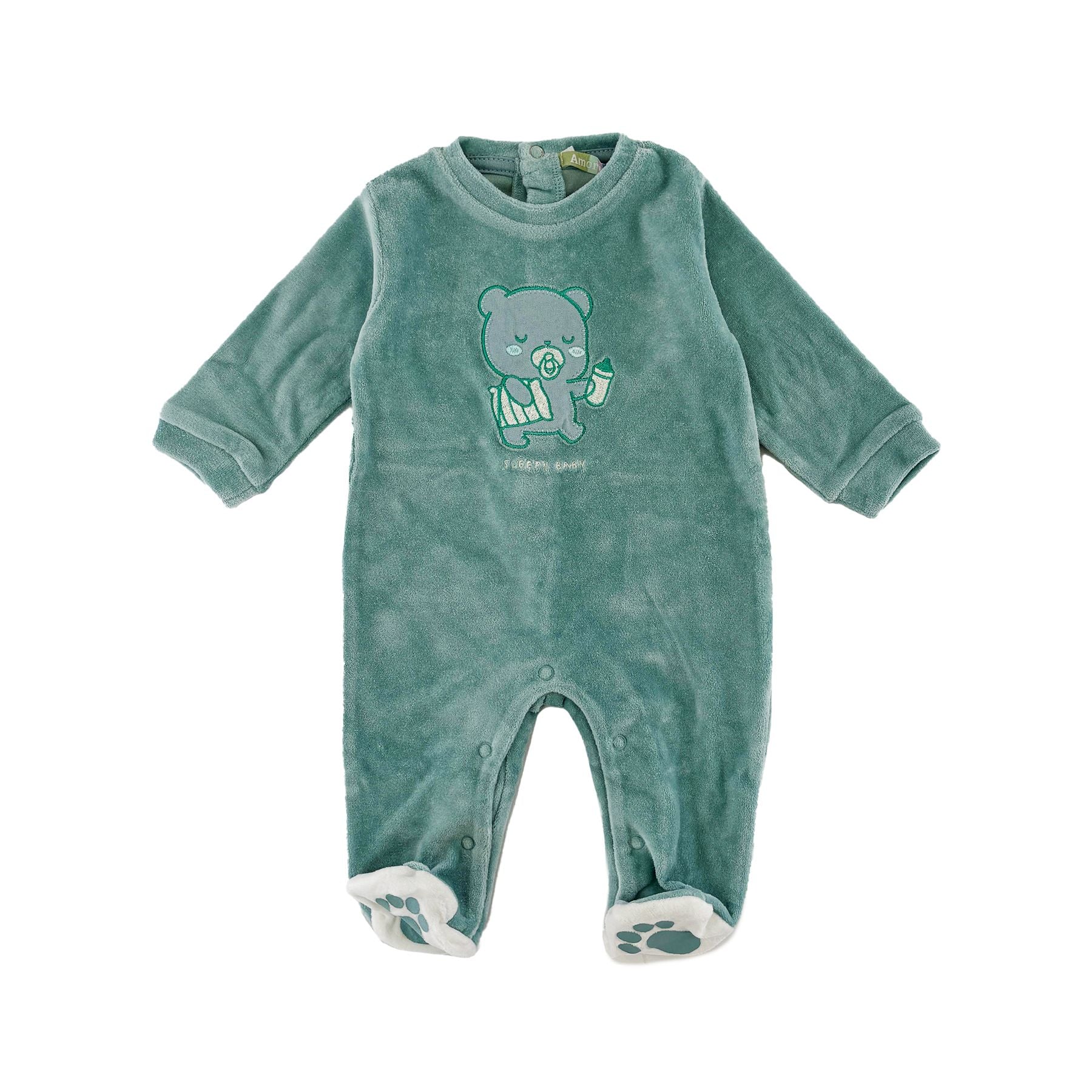 Amore is me Crew Neck Romper with Embroidered Teddy Bear Graphic