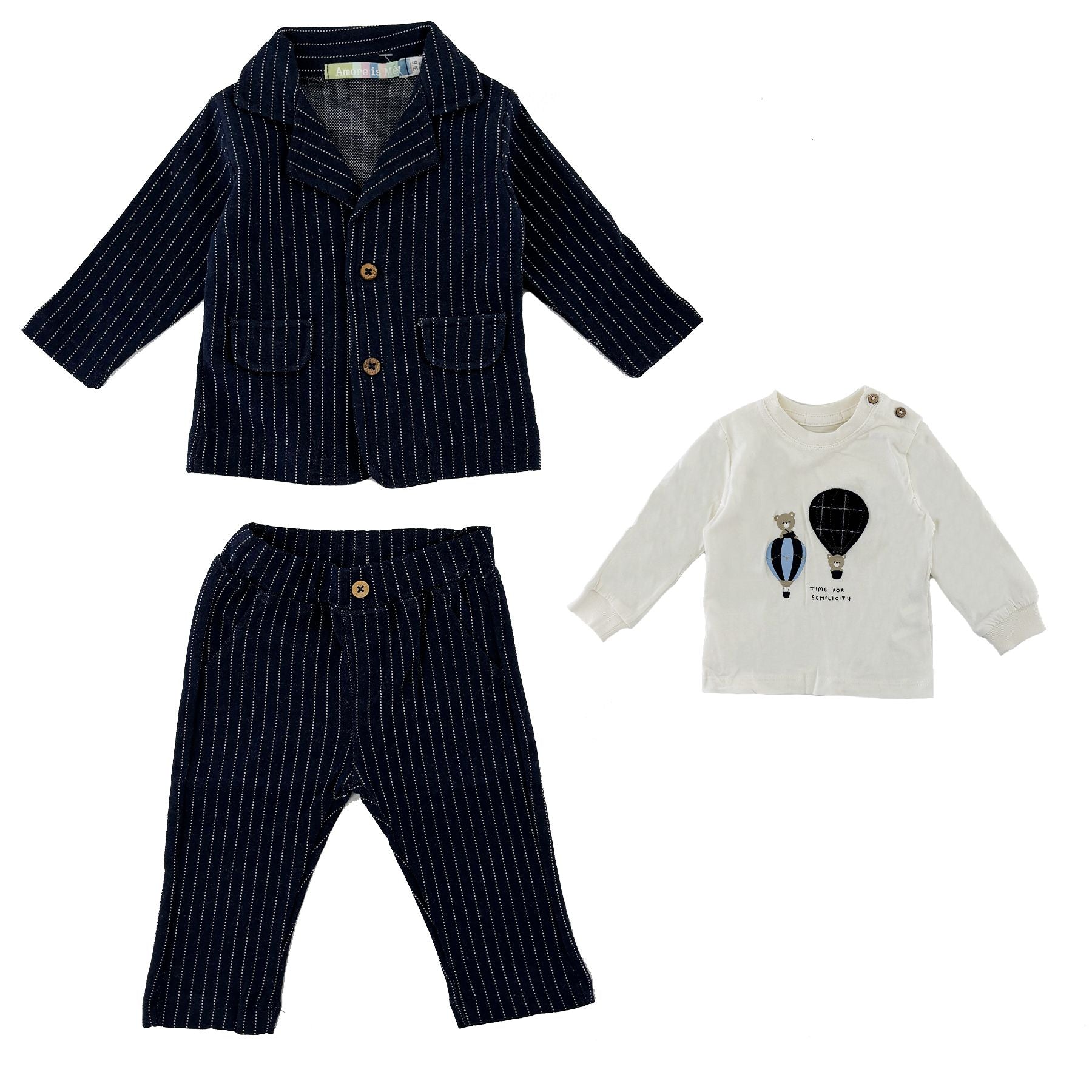 Amore is me Blue Pinstripe Jacket and Pants Sports Suit in Fleece with Hot Air Balloon Sweater