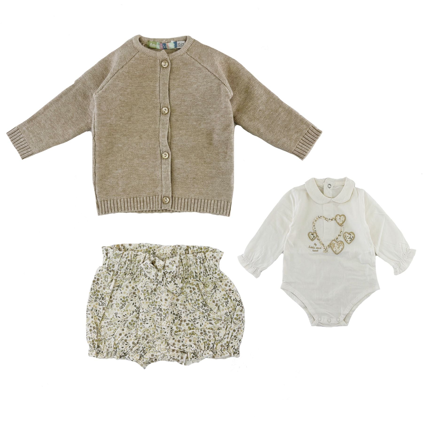 Amore is me Three-Piece Sports Set with Cardigan, Bodysuit, and Shorts