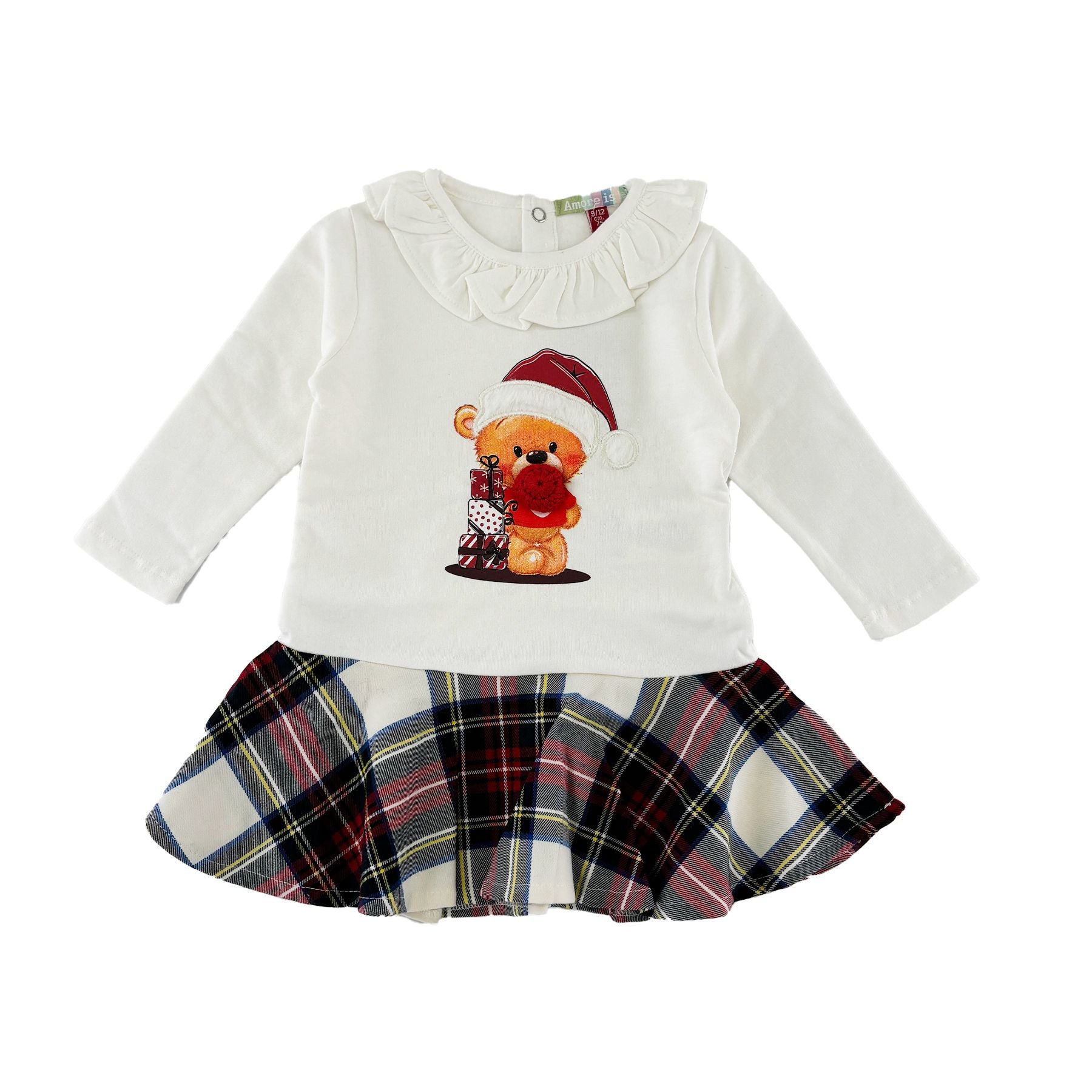 Amore is me Crew Neck Dress with Red Collar Christmas Theme White