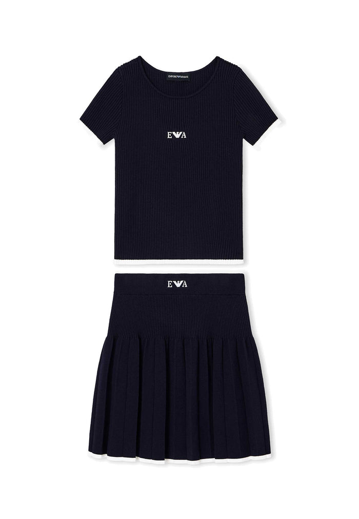 Armani Completo Elegante Blu Maglia e Gonna A Costine