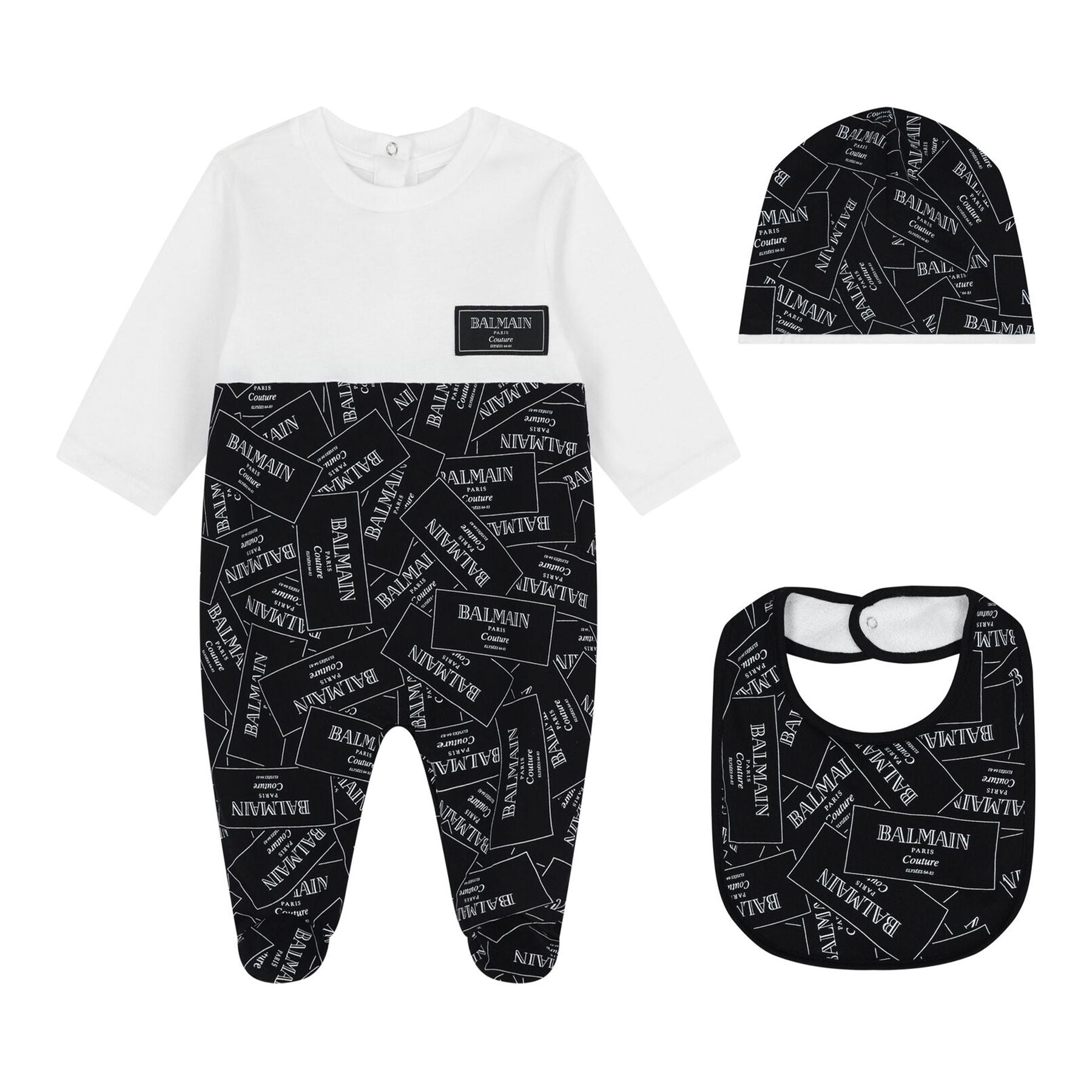 Balmain Black Baby Romper, Hat, and Bib Gift Set with Logo