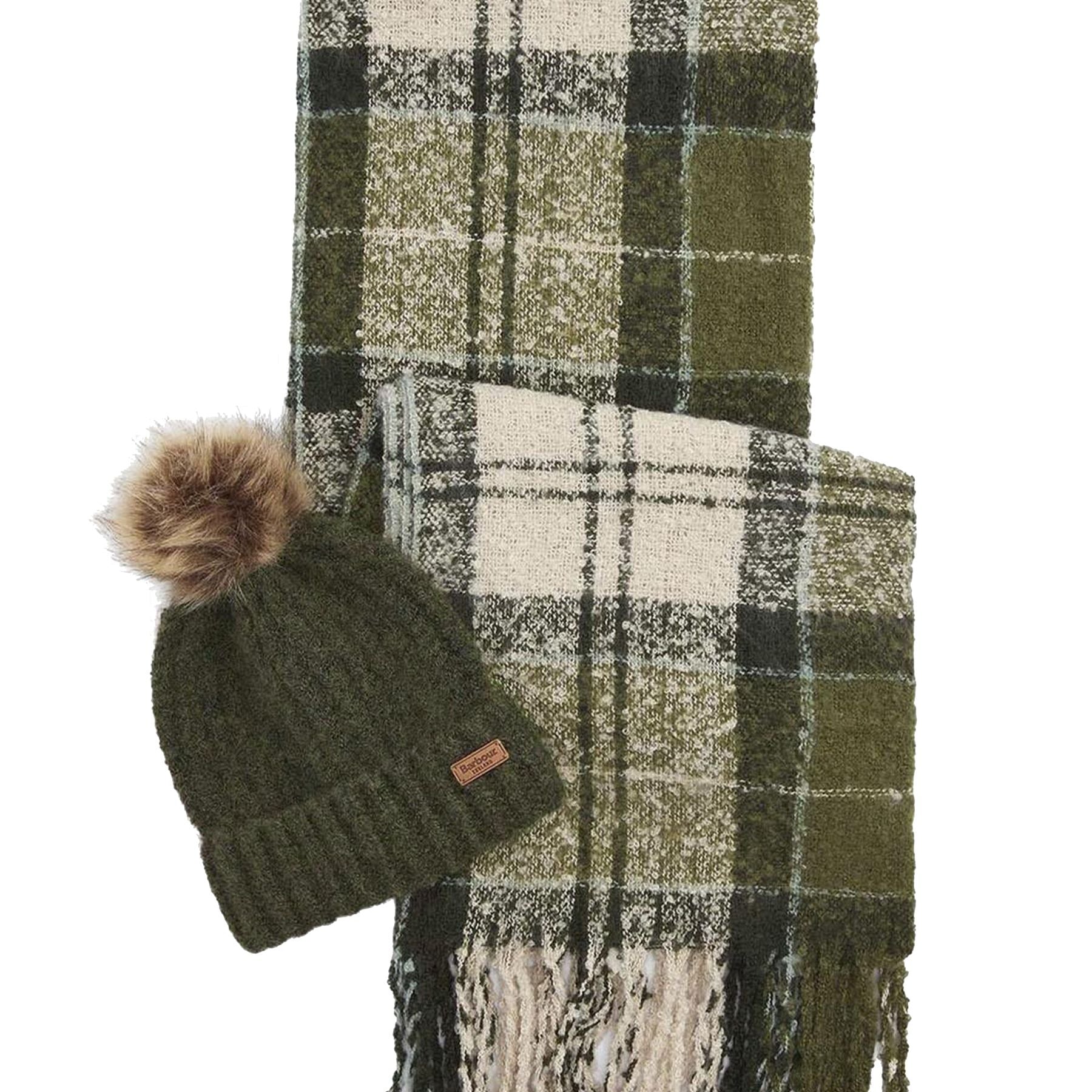 Barbour Gift Set Consisting of a Matching Ribbed Scarf and Pom Pom Hat