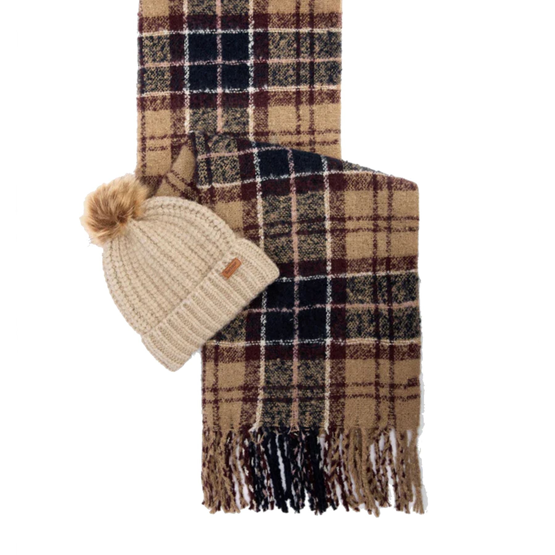 Barbour Gift Set Consisting of a Matching Ribbed Scarf and Pom Pom Hat
