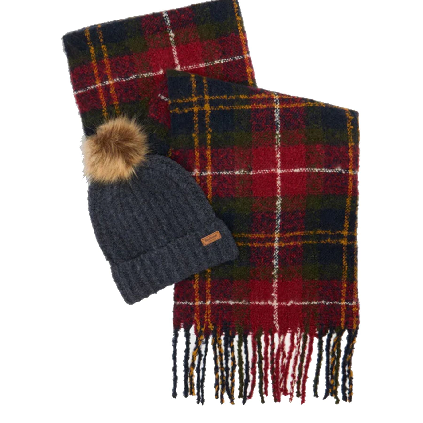 Barbour Gift Set Consisting of a Matching Ribbed Scarf and Pom Pom Hat