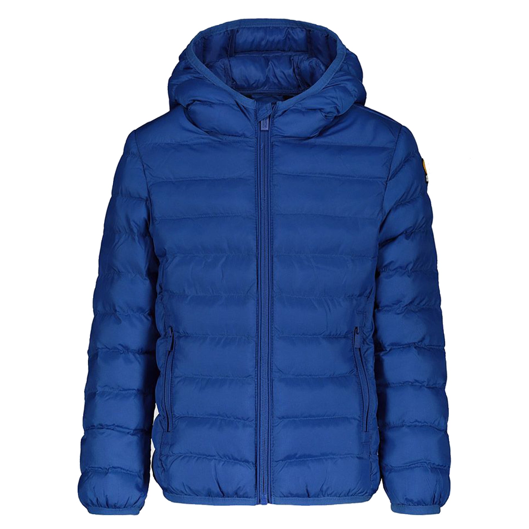 Blue quilted down jacket with fixed hood