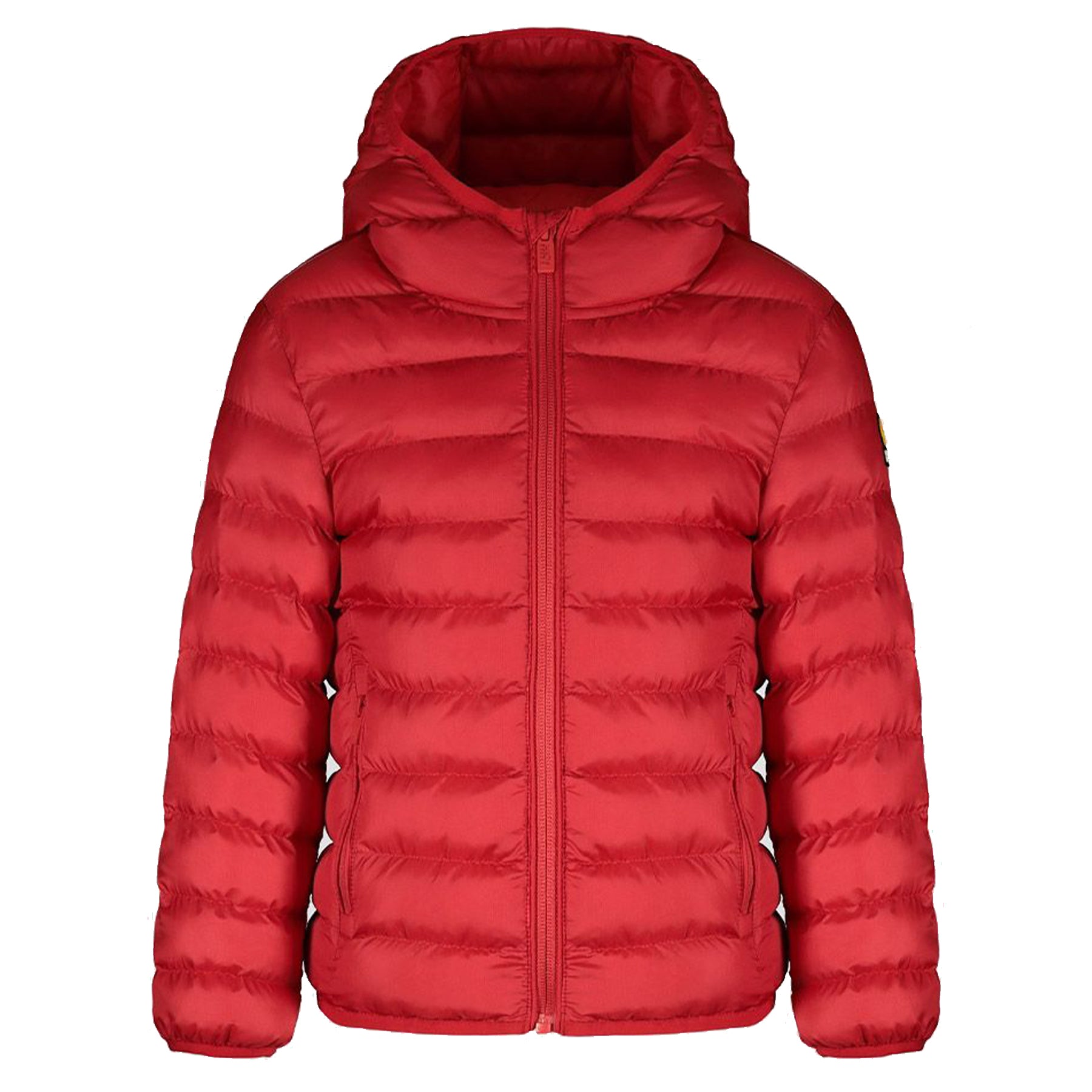 Red quilted down jacket with fixed hood