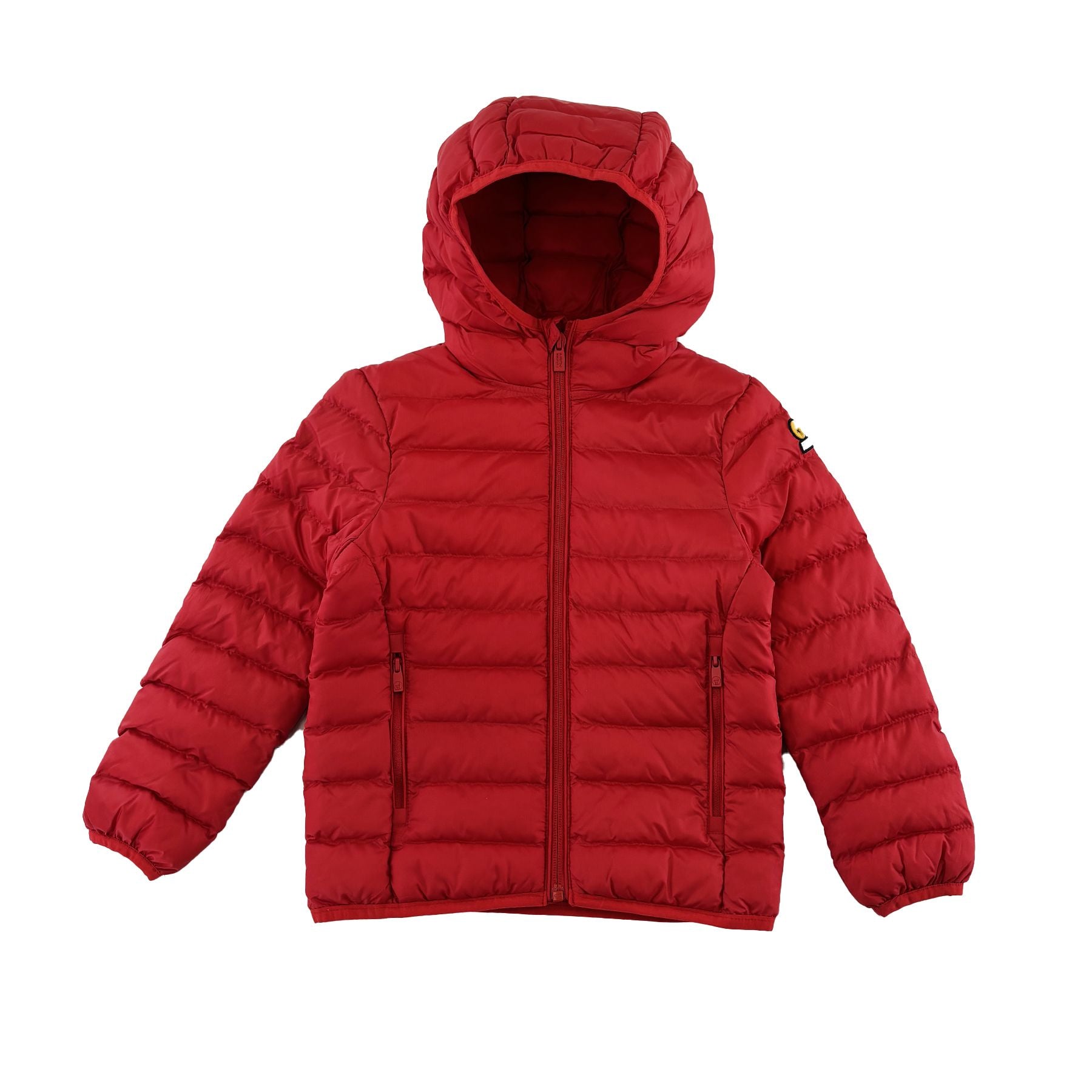 Red quilted down jacket with fixed hood