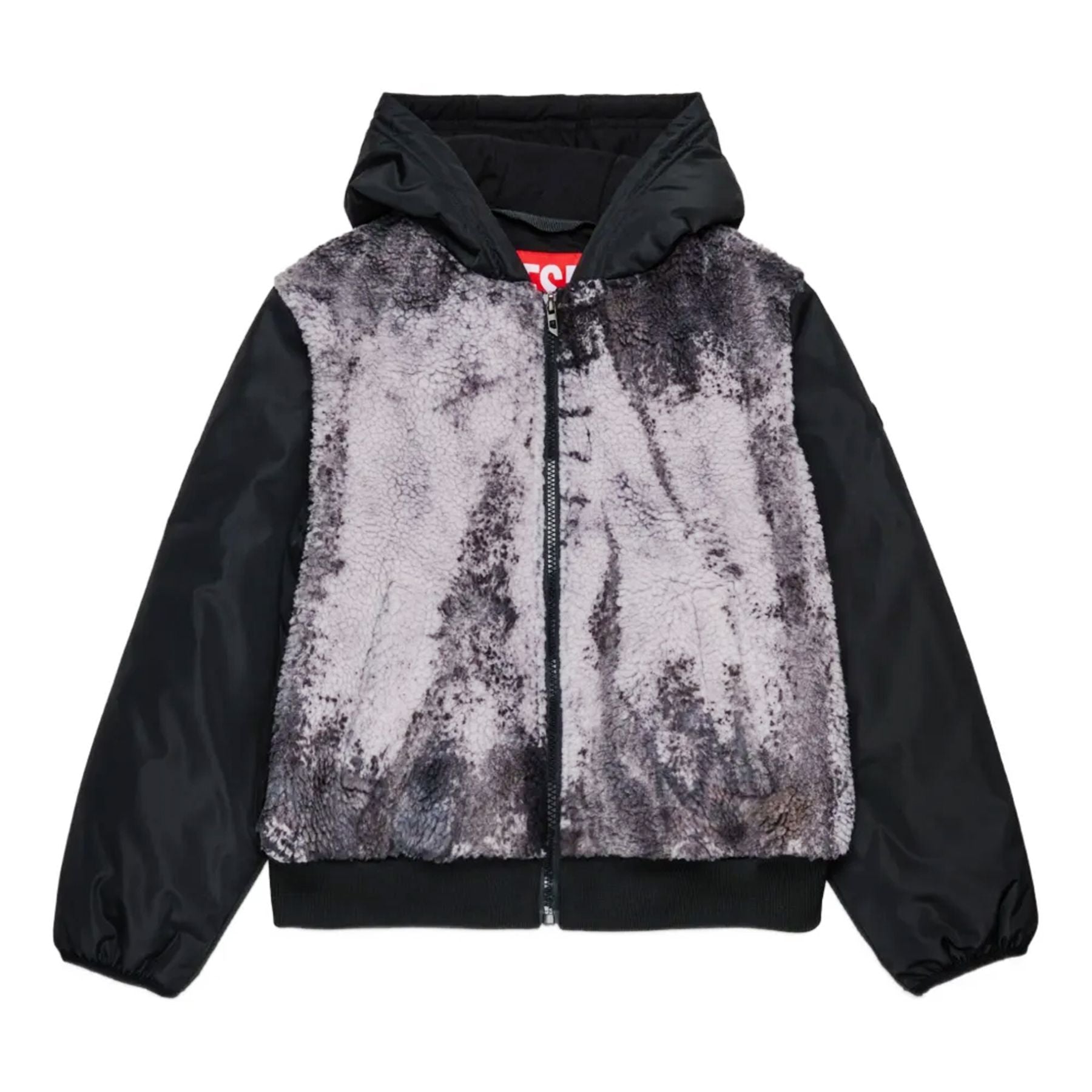 Diesel Black Jacket with Front Zip Closure and Hood