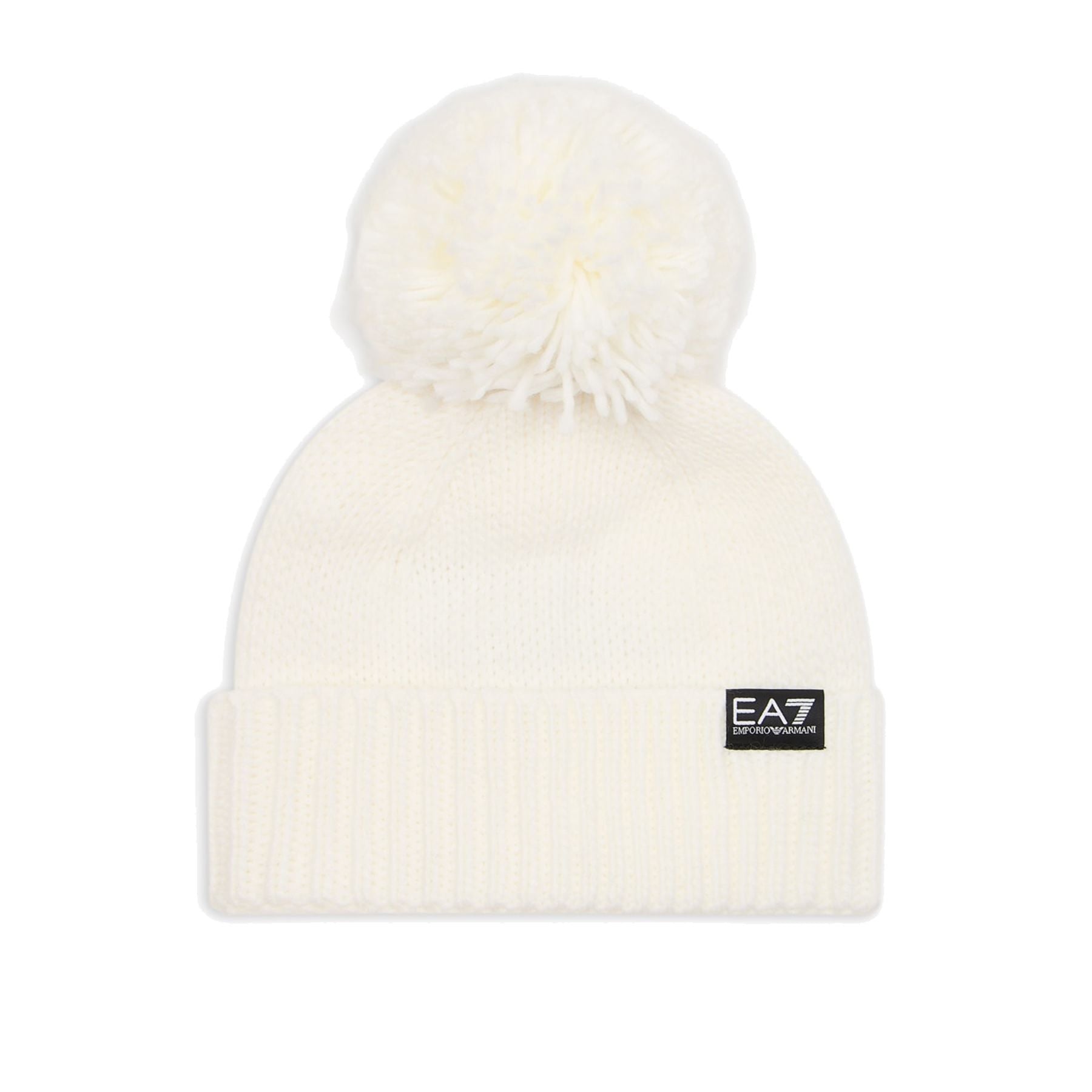 Ea7 Armani White Knit Cuffed Hat with Pom Pom