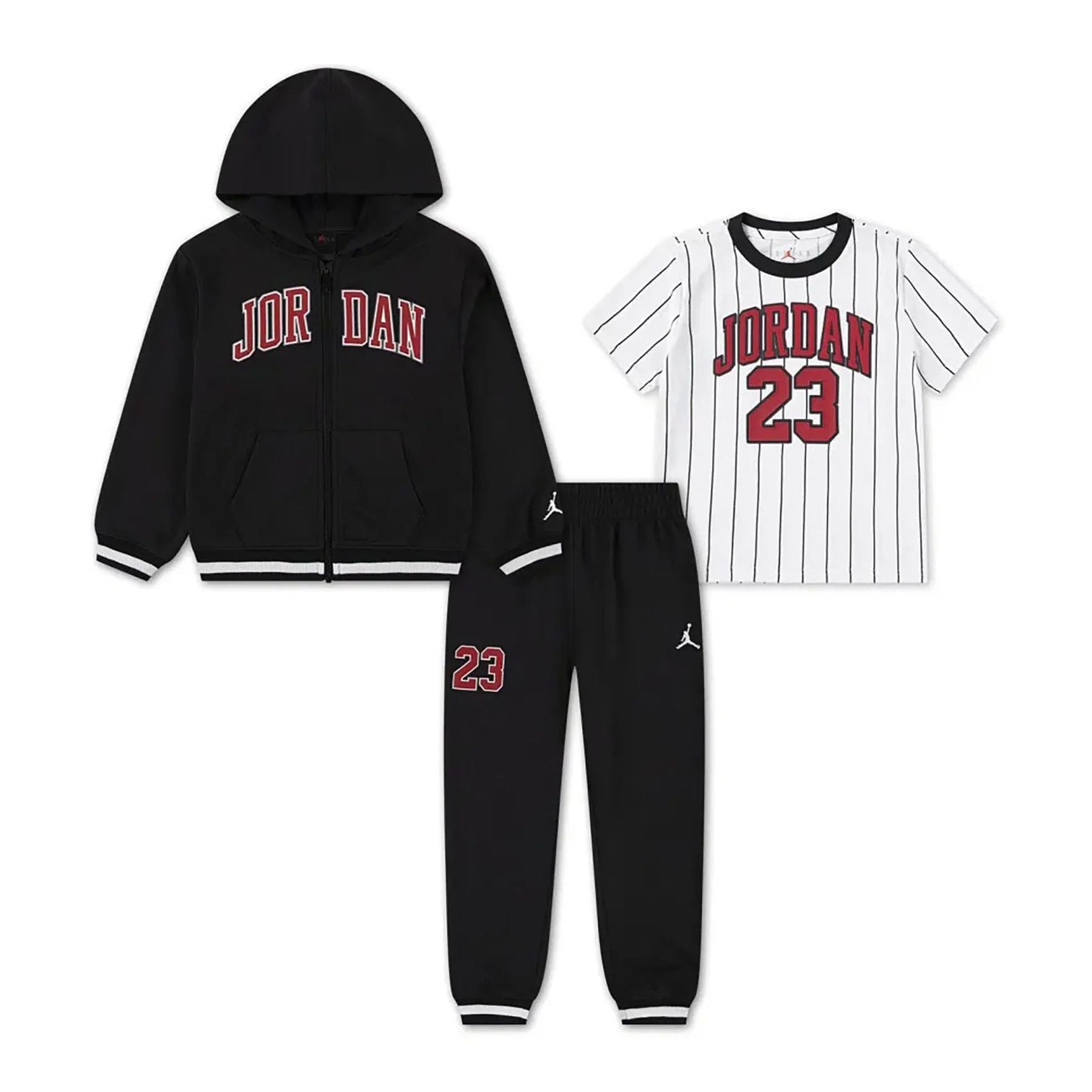 Jordan 4-Piece Tracksuit with Hoodie, Pants, and Nike T-Shirt, Black and White