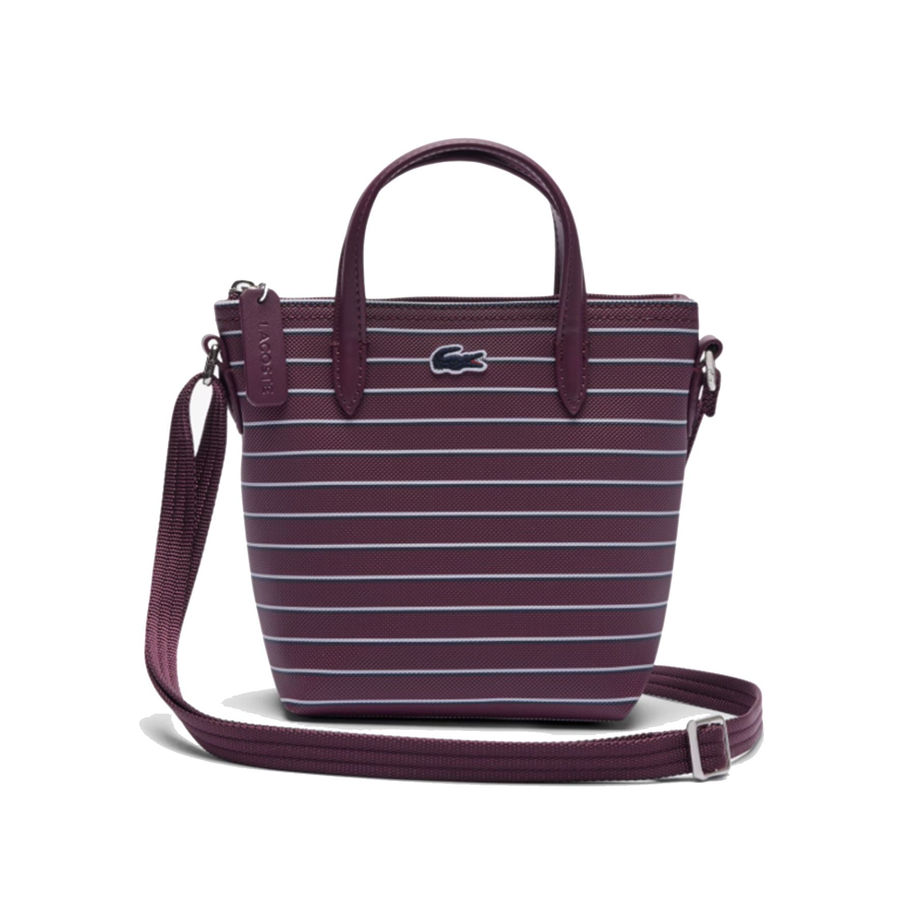 Lacoste Mini Piqué Bag with Striped Pattern, Wine Red and White