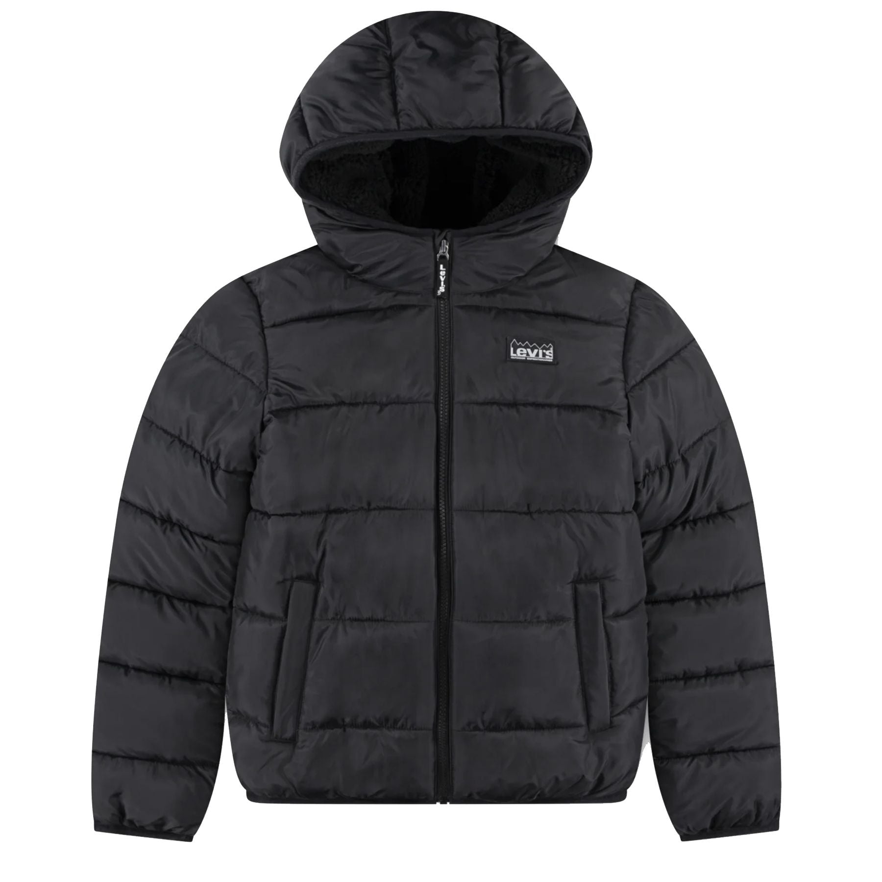 Levis Solid Black Sherpa-Lined Down Jacket with Hood