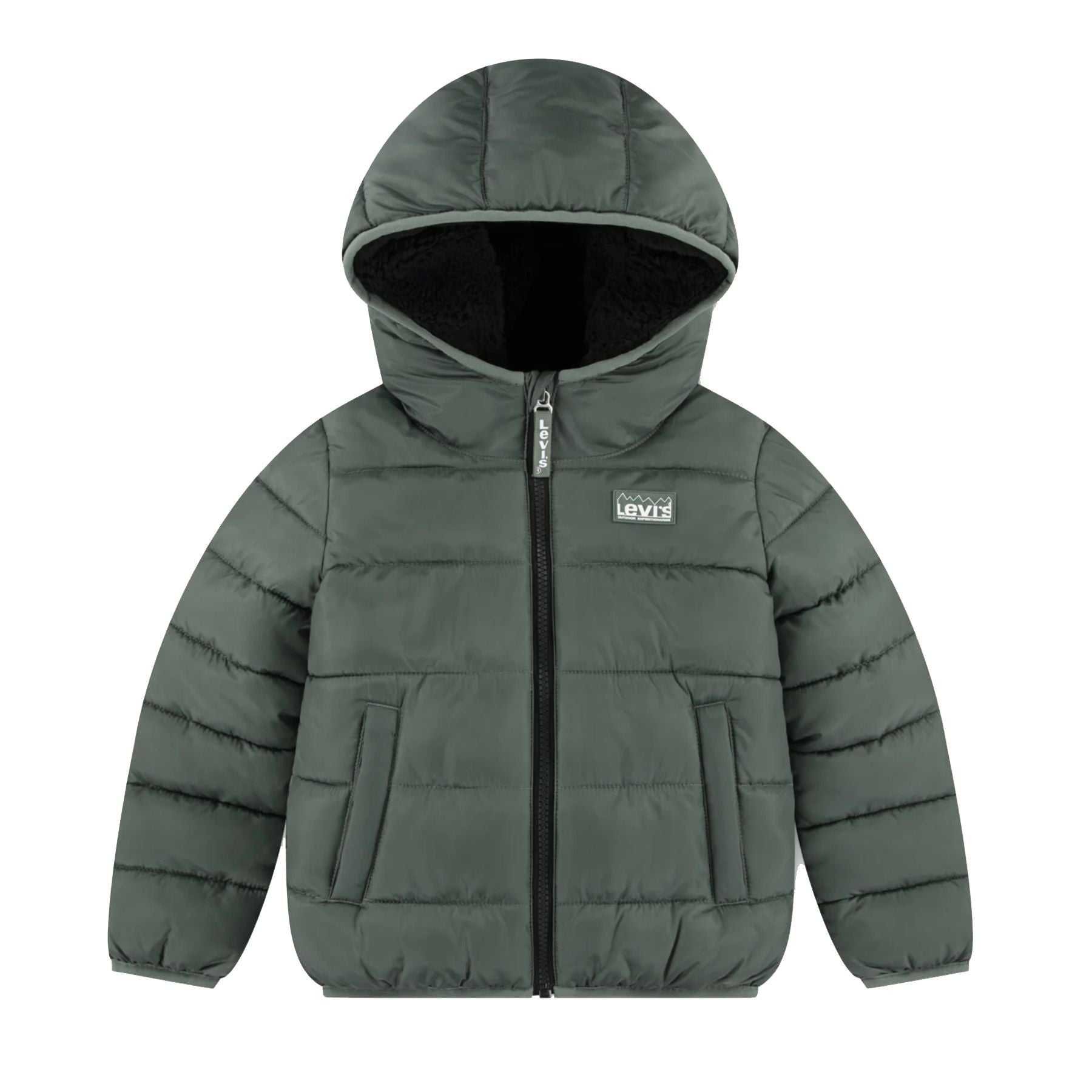 Levis Solid Green Sherpa-Lined Down Jacket with Hood