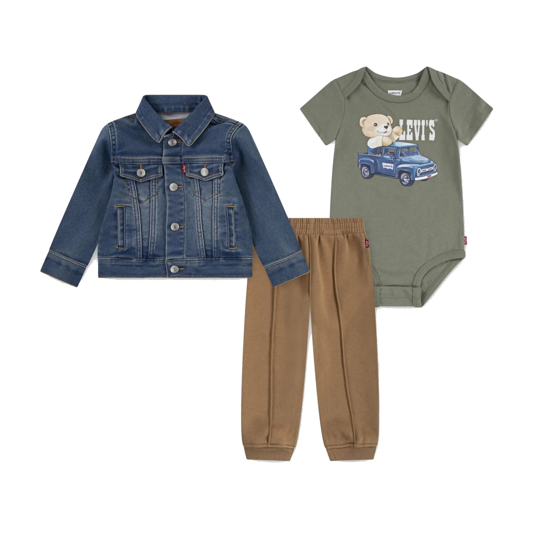 Levis Sportswear Three-Piece Outfit: Denim Jacket, Bodysuit, and Trousers