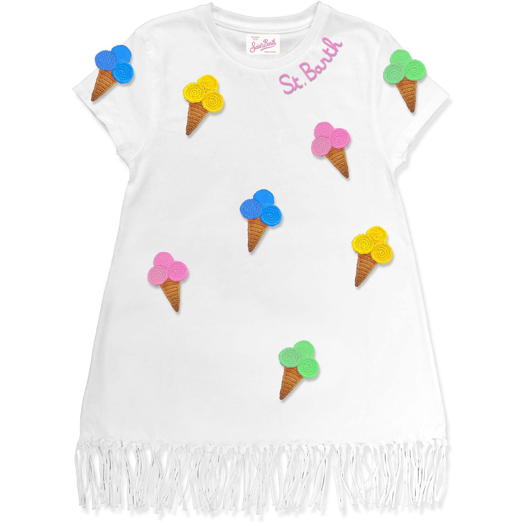 Mc2 Saint Barth White Dress for Girls with Multicolored Logo