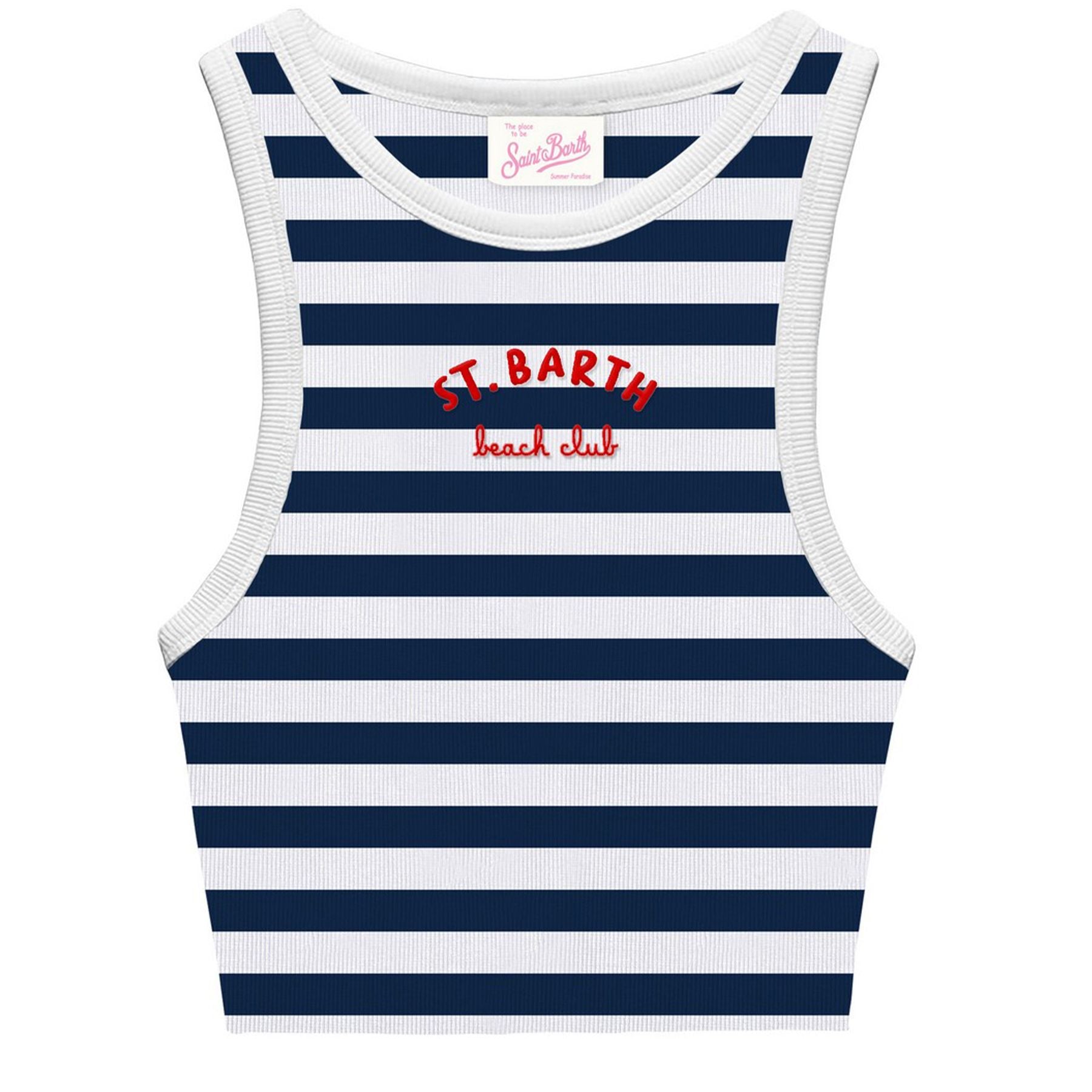 Mc2 Saint Barth White and Blue Striped Tank Top with Front Embroidery
