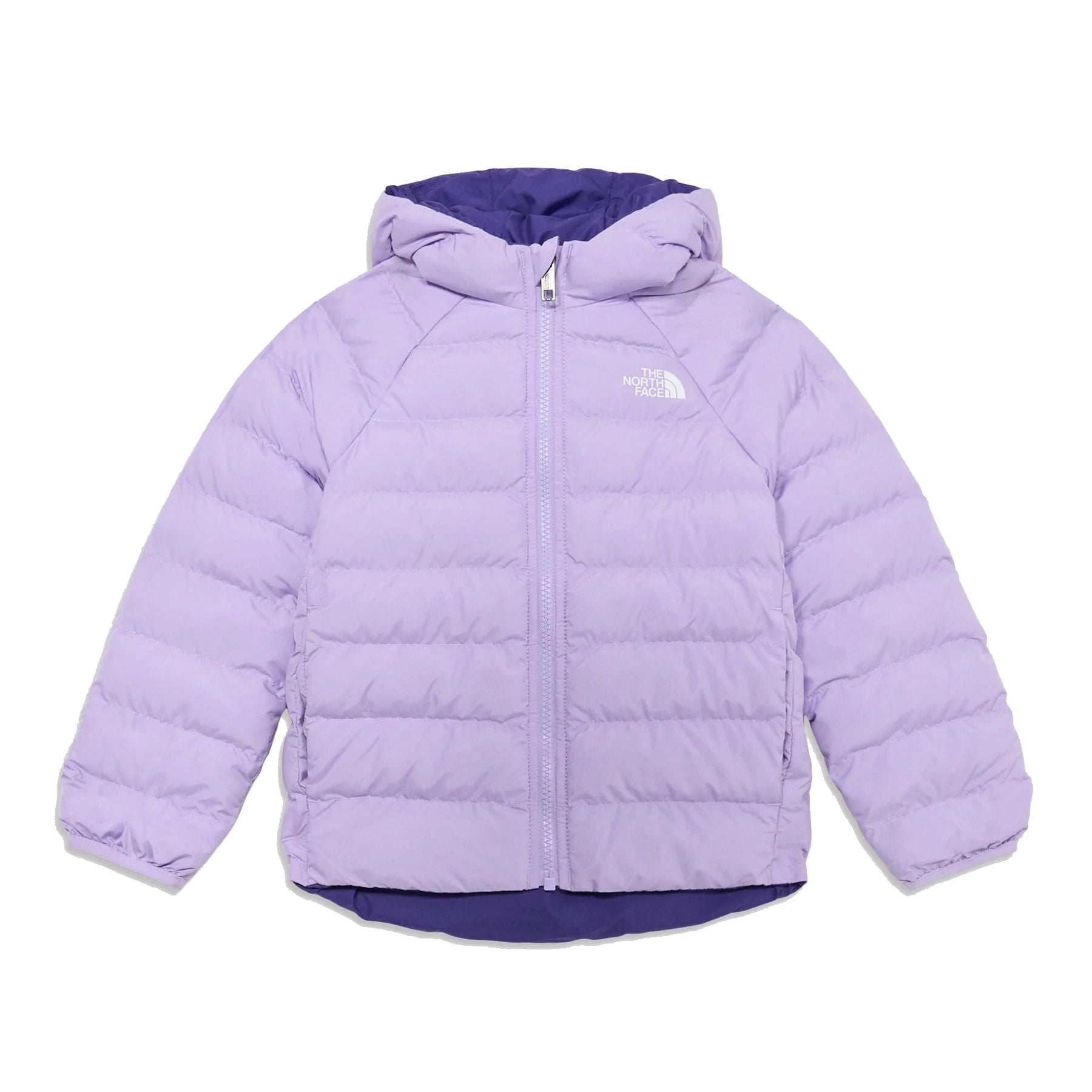 The North Face Baby Girl's Reversible Down Jacket in Light Blue and Lilac with Hood