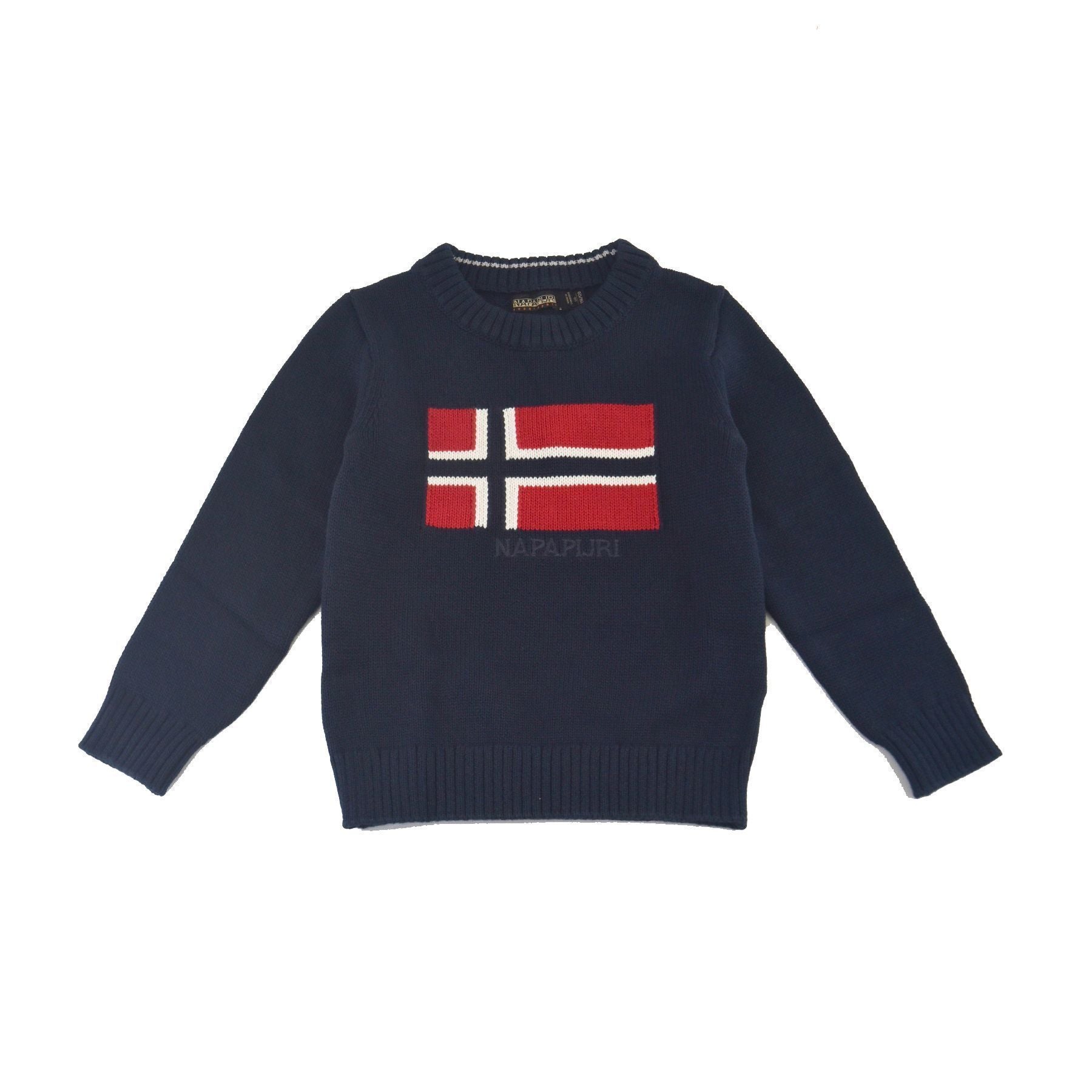 Napapijri Crew Neck Sweater in Blue Yarn with Flag Graphic
