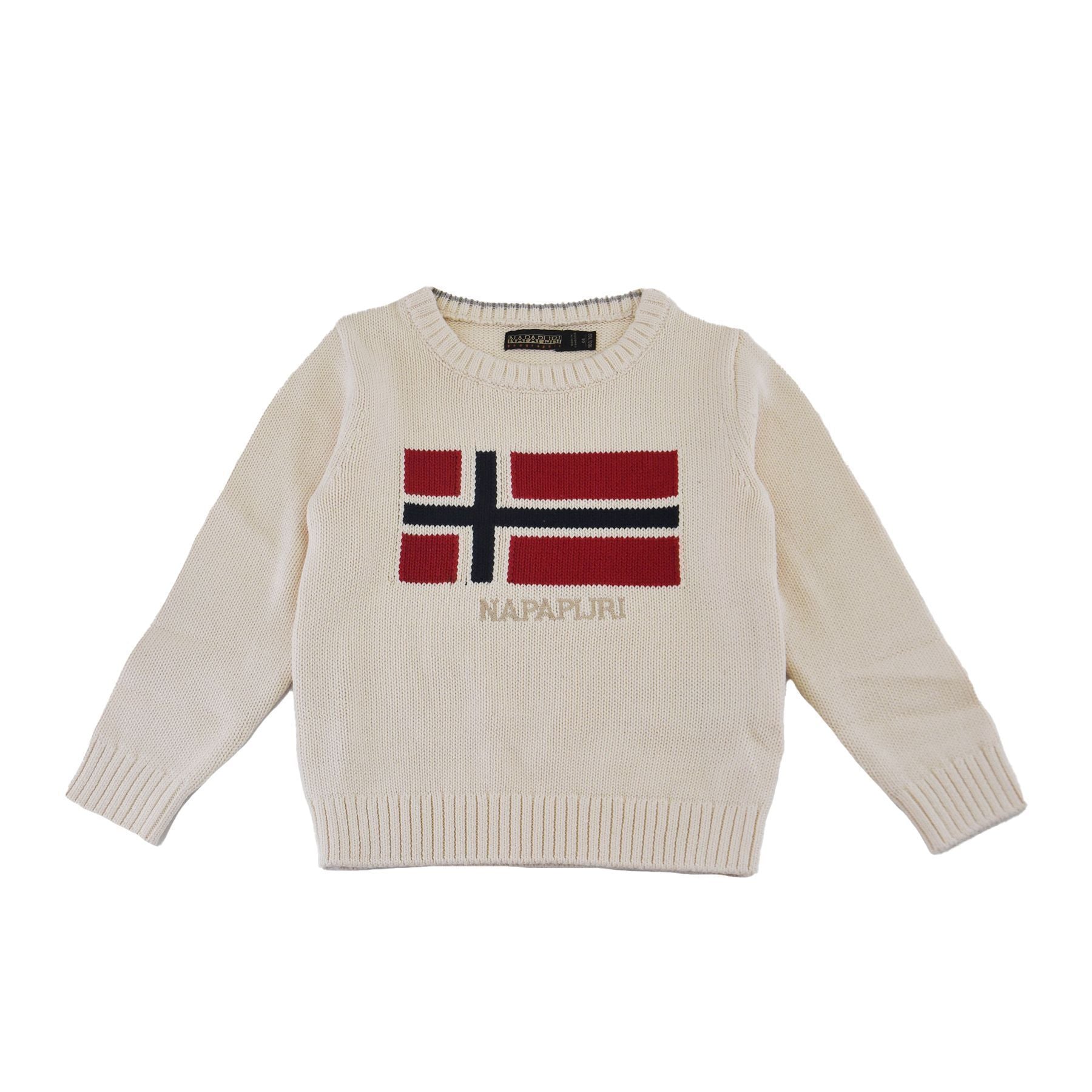 Napapijri Crew Neck Sweater in Beige Yarn with Flag Graphic