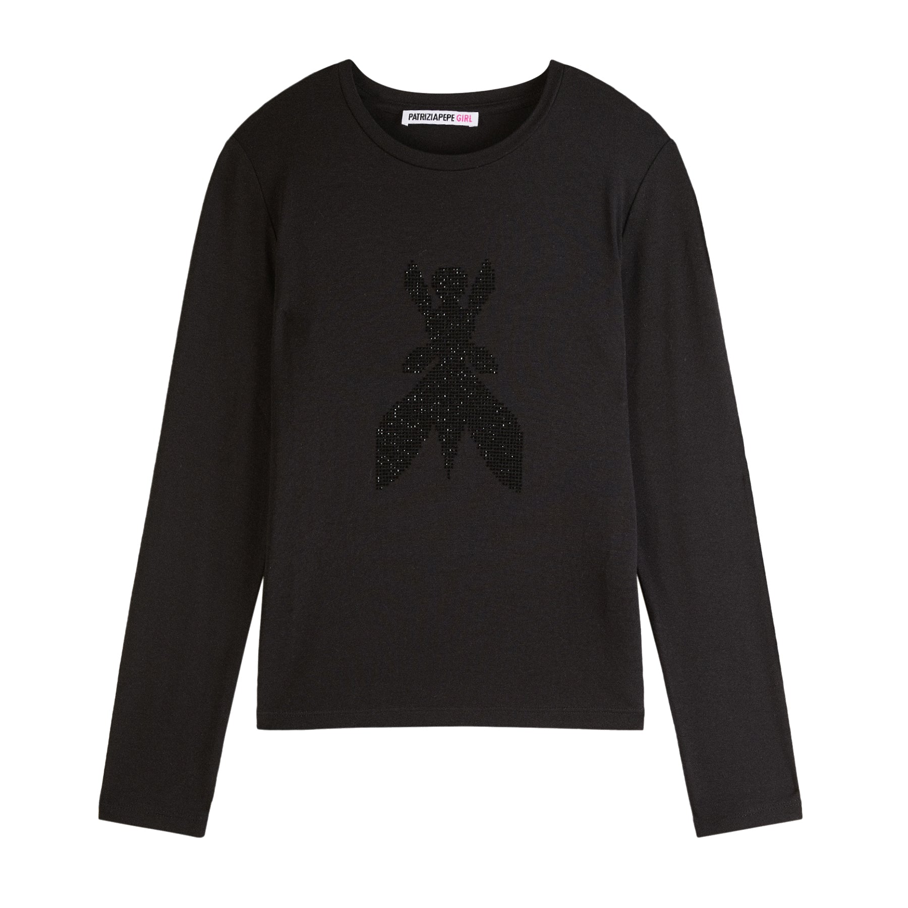 Patrizia Pepe Black Crew Neck T-Shirt with Rhinestone Logo