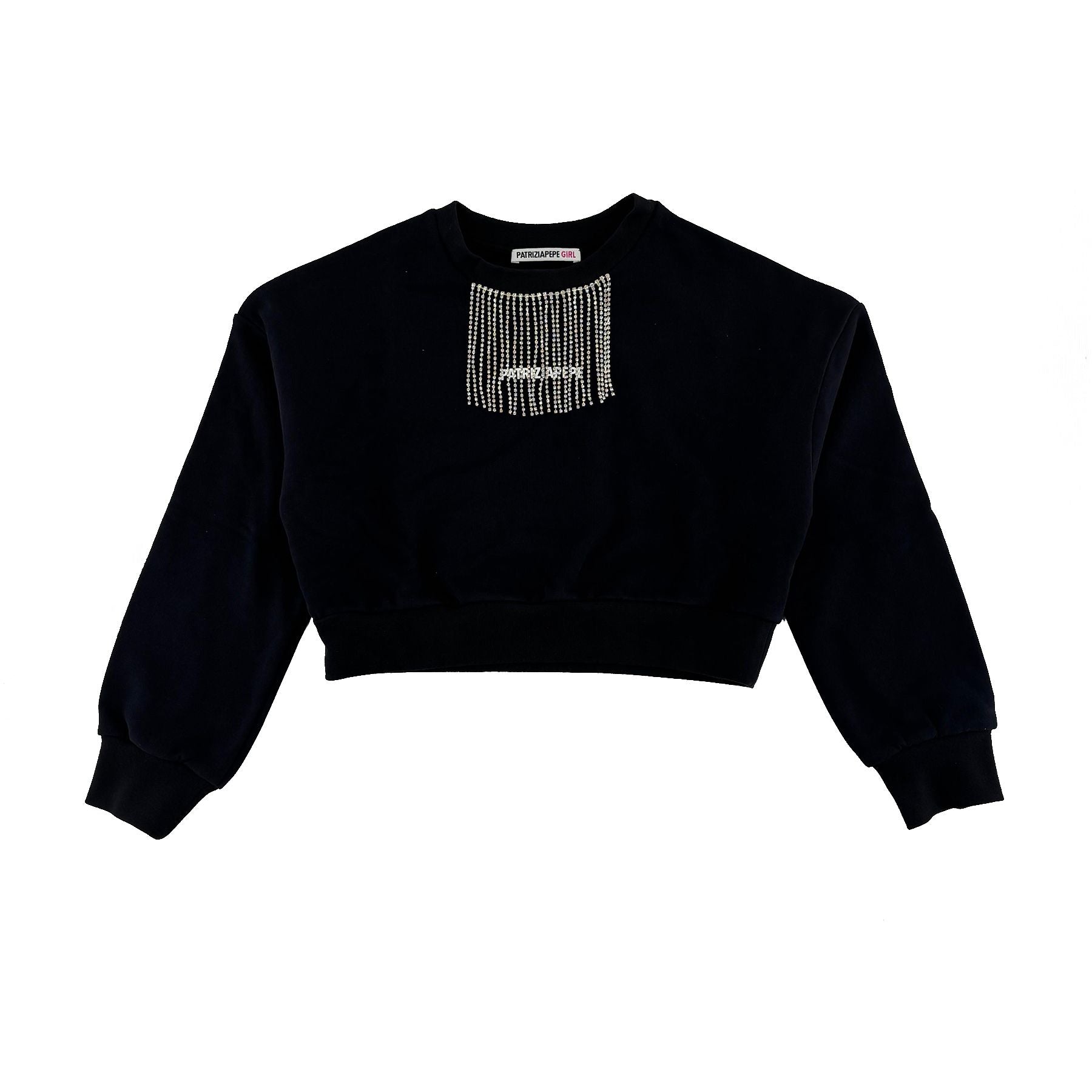 Patrizia Pepe Black Crewneck Sweatshirt with Rhinestone Logo