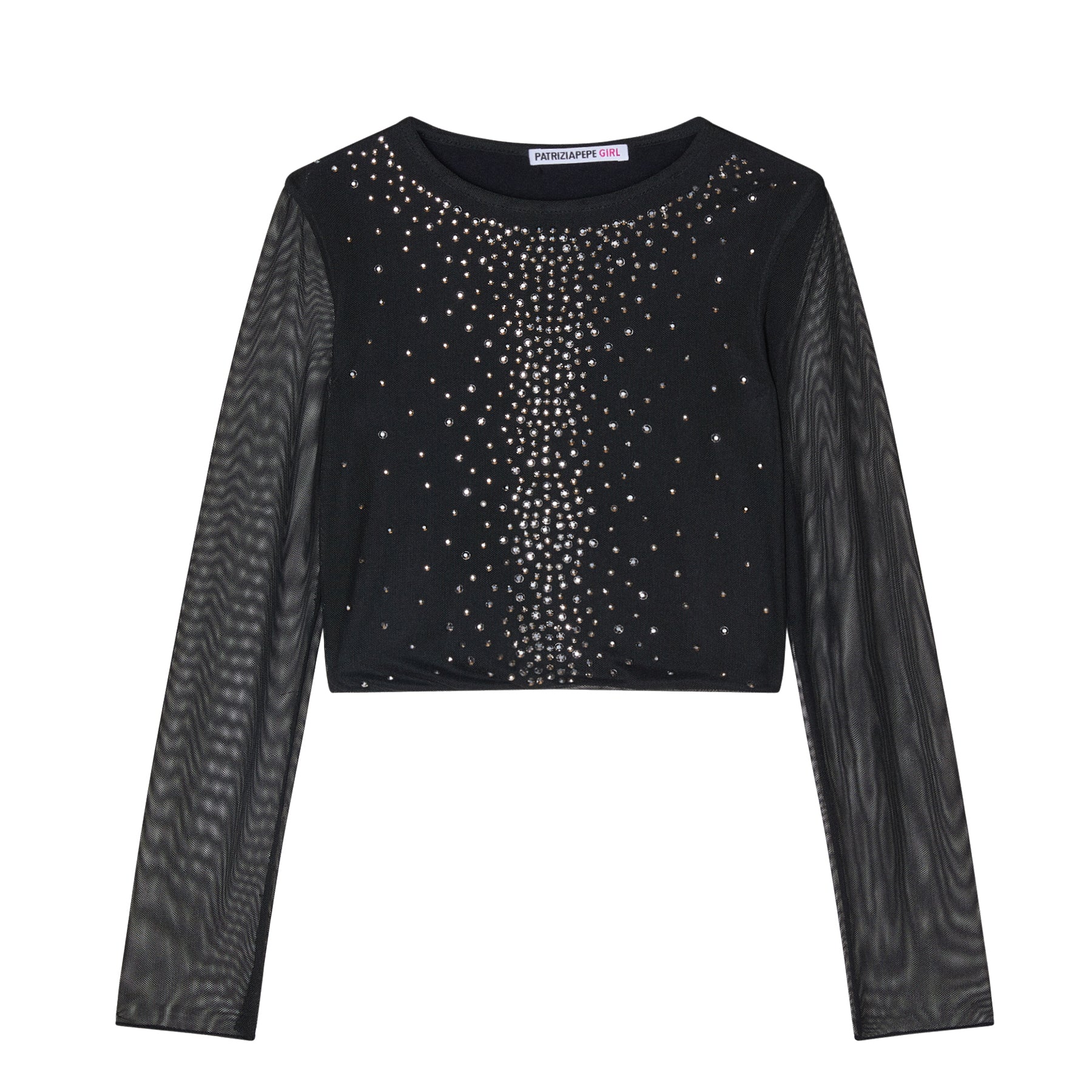 Patrizia Pepe Black Crew Neck T-Shirt Decorated with Rhinestones