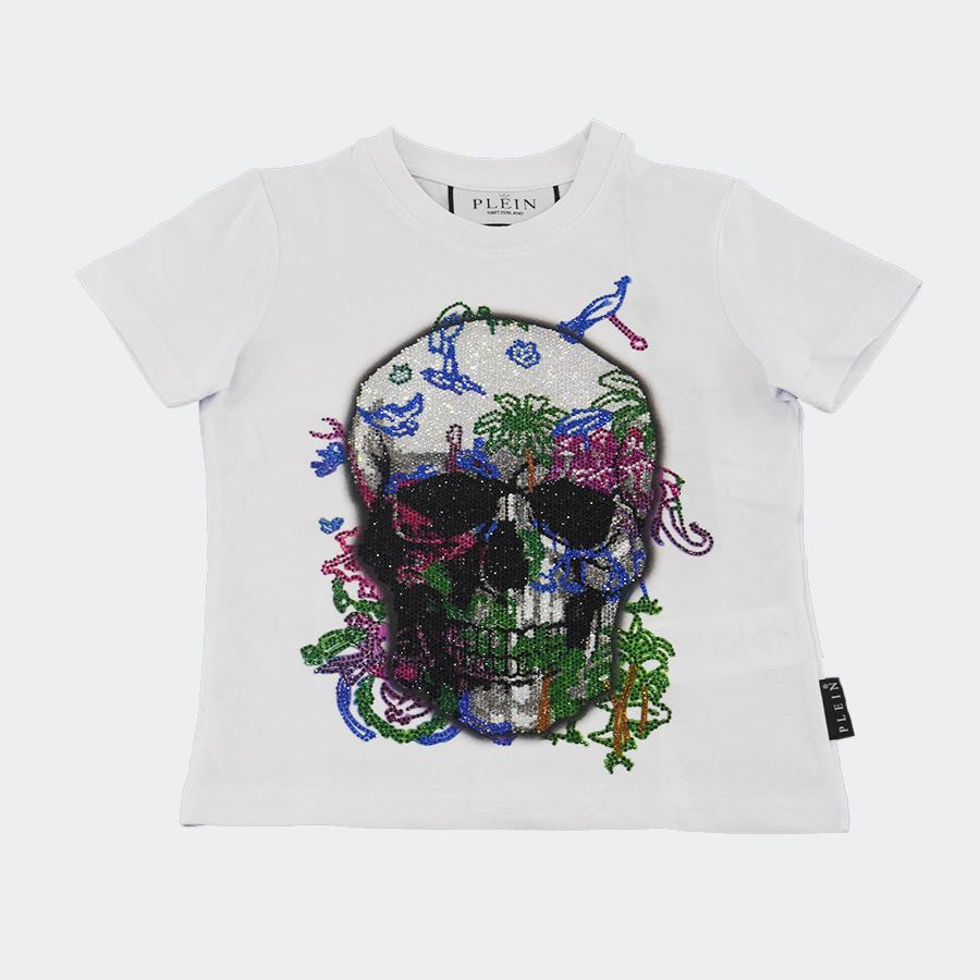 Embroidered Round Neck Crystals Skull T-shirt
