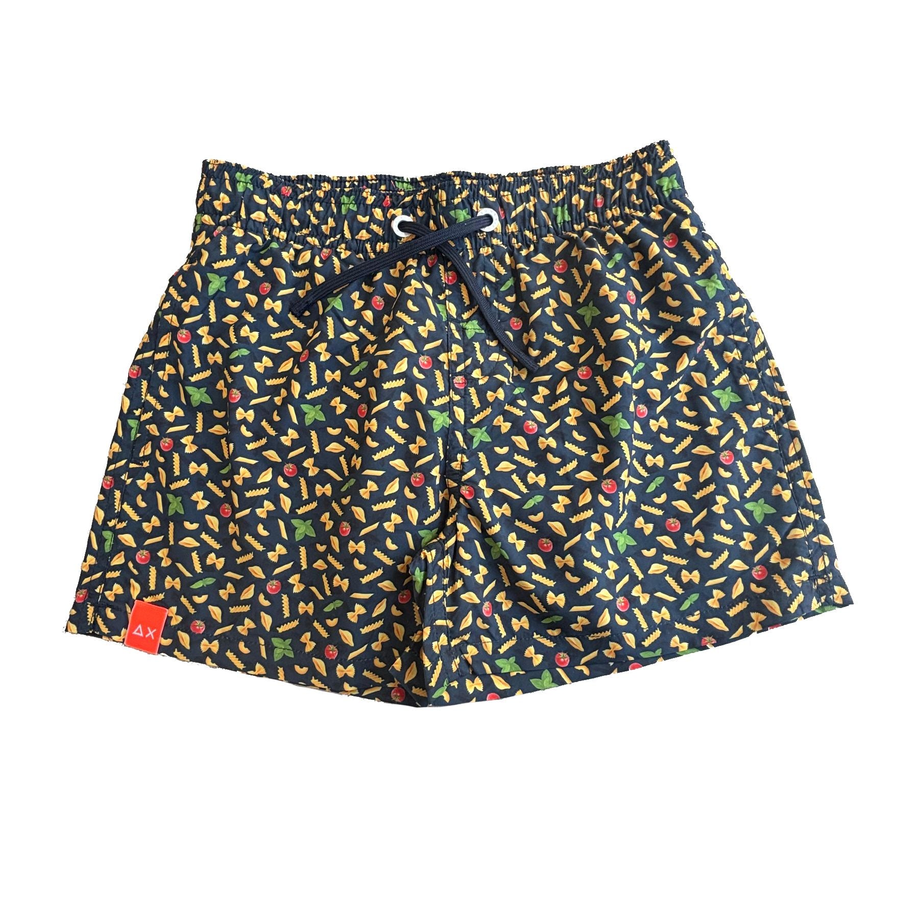 Sun68 Blue Nylon Swim Trunks with Pasta, Basil, and Tomato Pattern