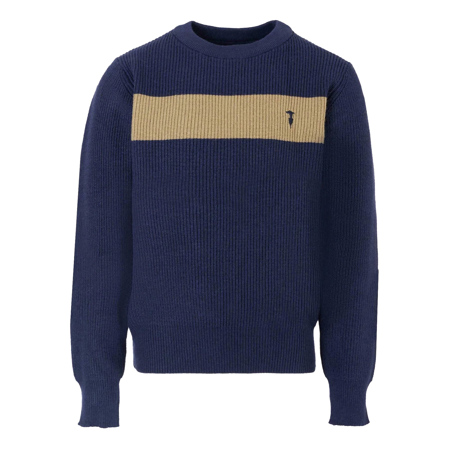 Trussardi Blue and Grey Crew Neck Striped Sweater