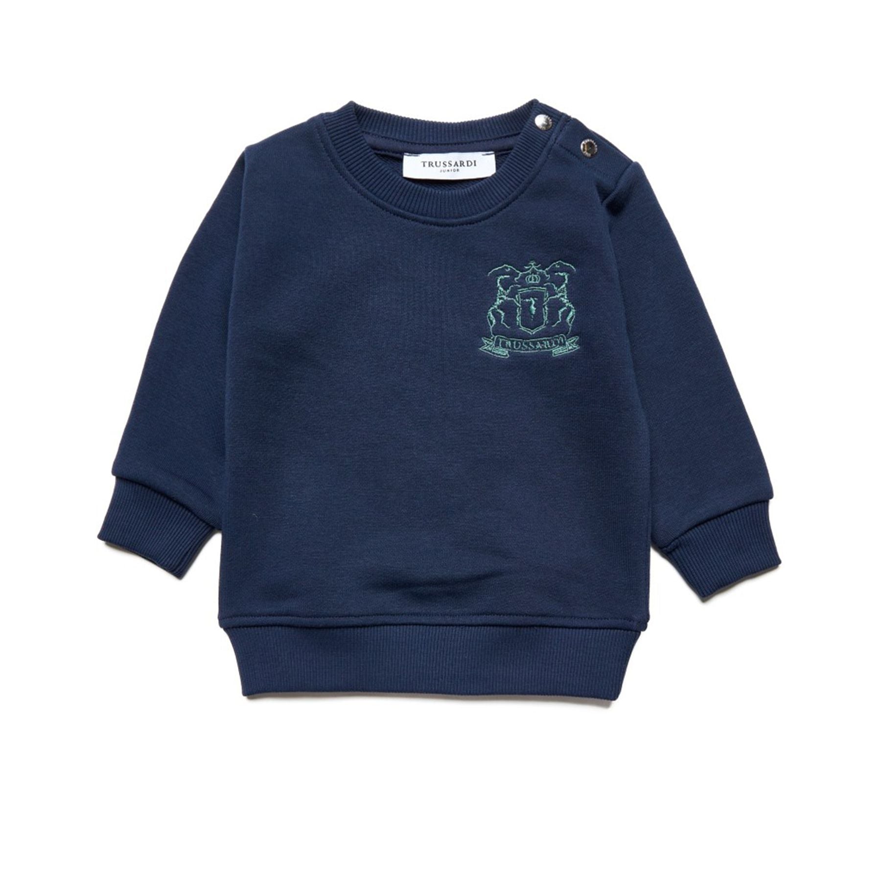 Trussardi Solid Color Crewneck Blue Sweatshirt with Embroidery