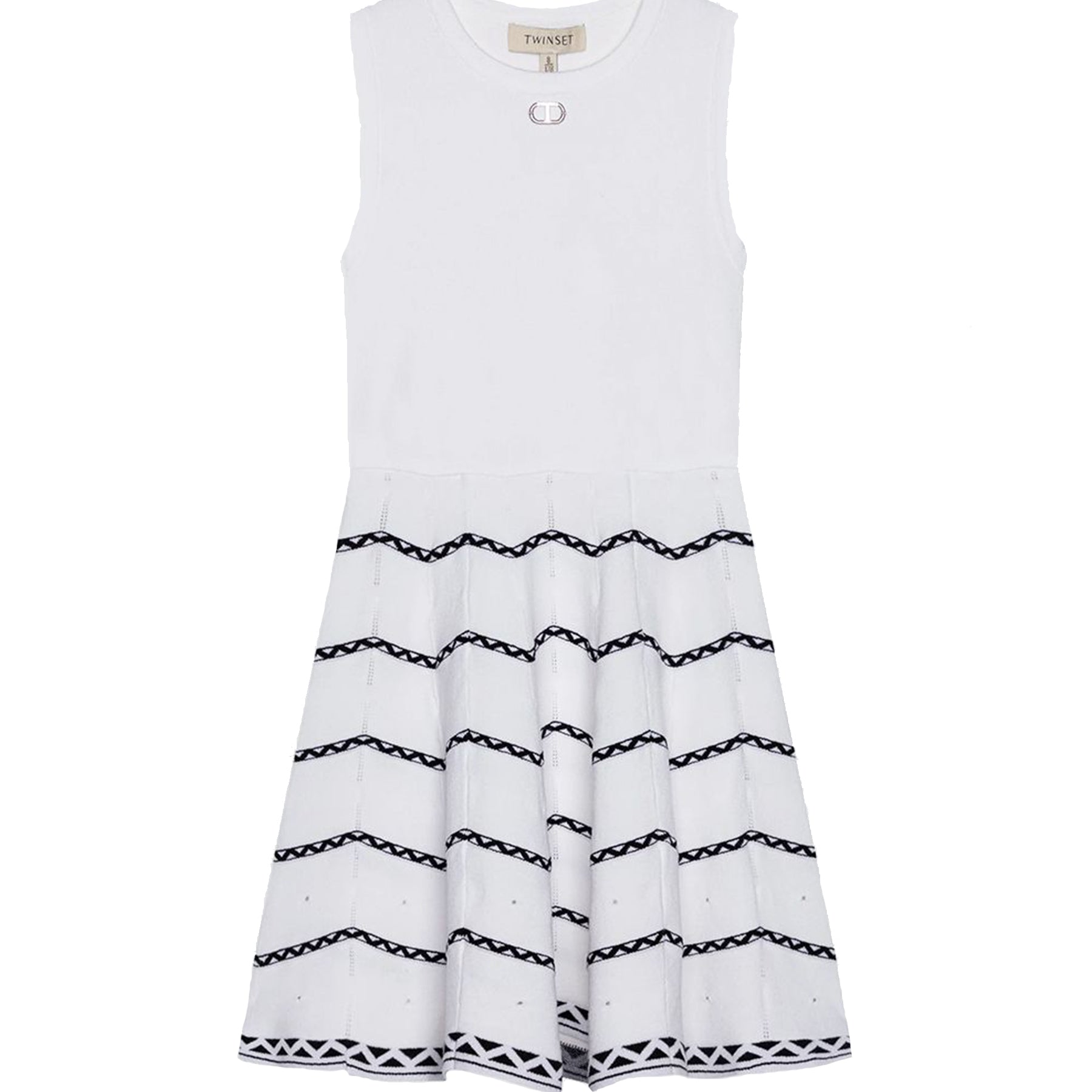 Twinset Soft Short Knit Dress with Contrasting Color Decorations on the Armholes, Ruffles and Hem