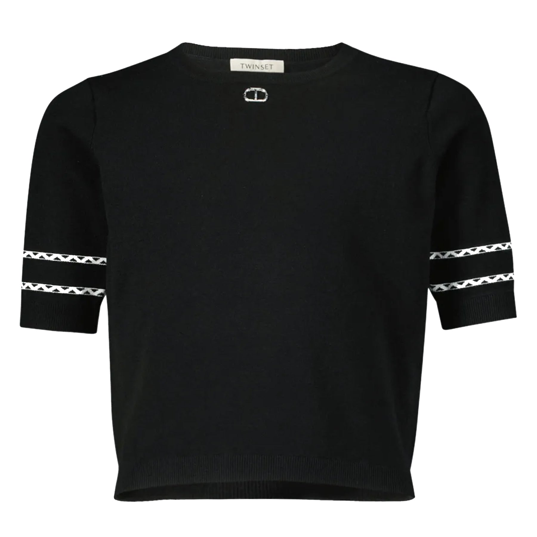 Soft yarn sweater with contrasting color decorations on sleeves