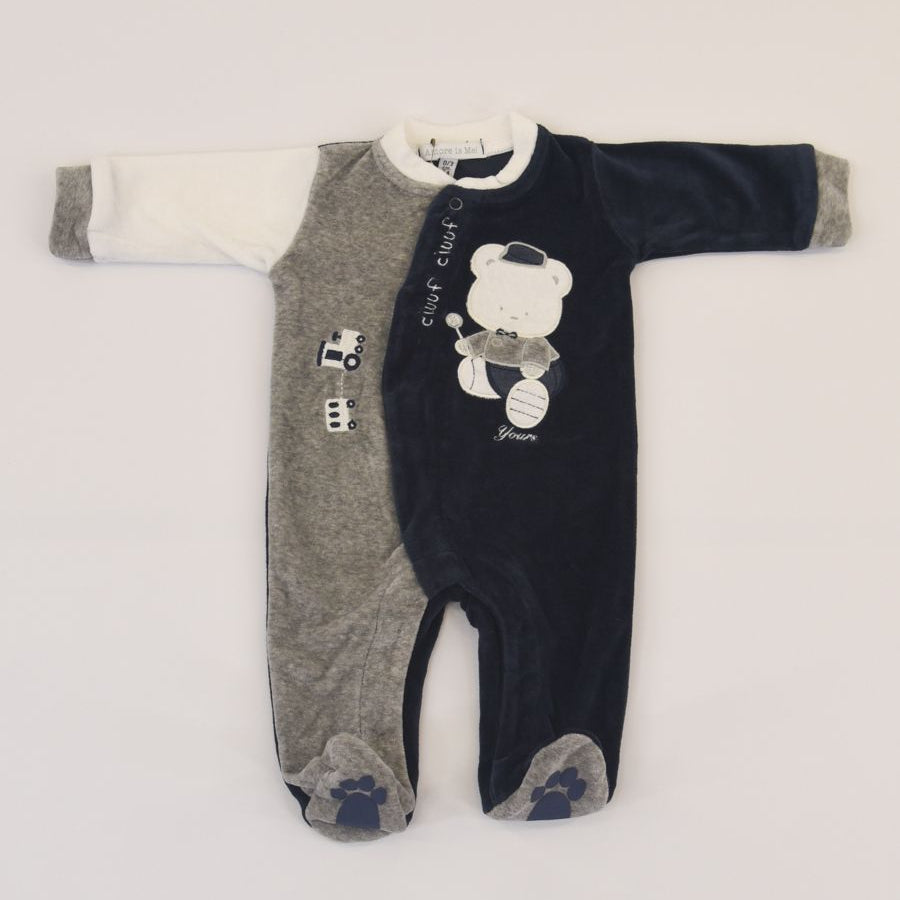 Amore is me Two-Tone Romper with Teddy Bear and Embroidered Train