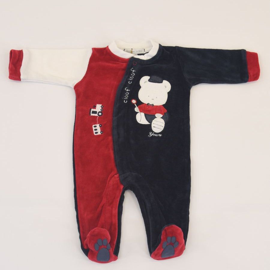 Amore is me Two-Tone Romper with Teddy Bear and Embroidered Train