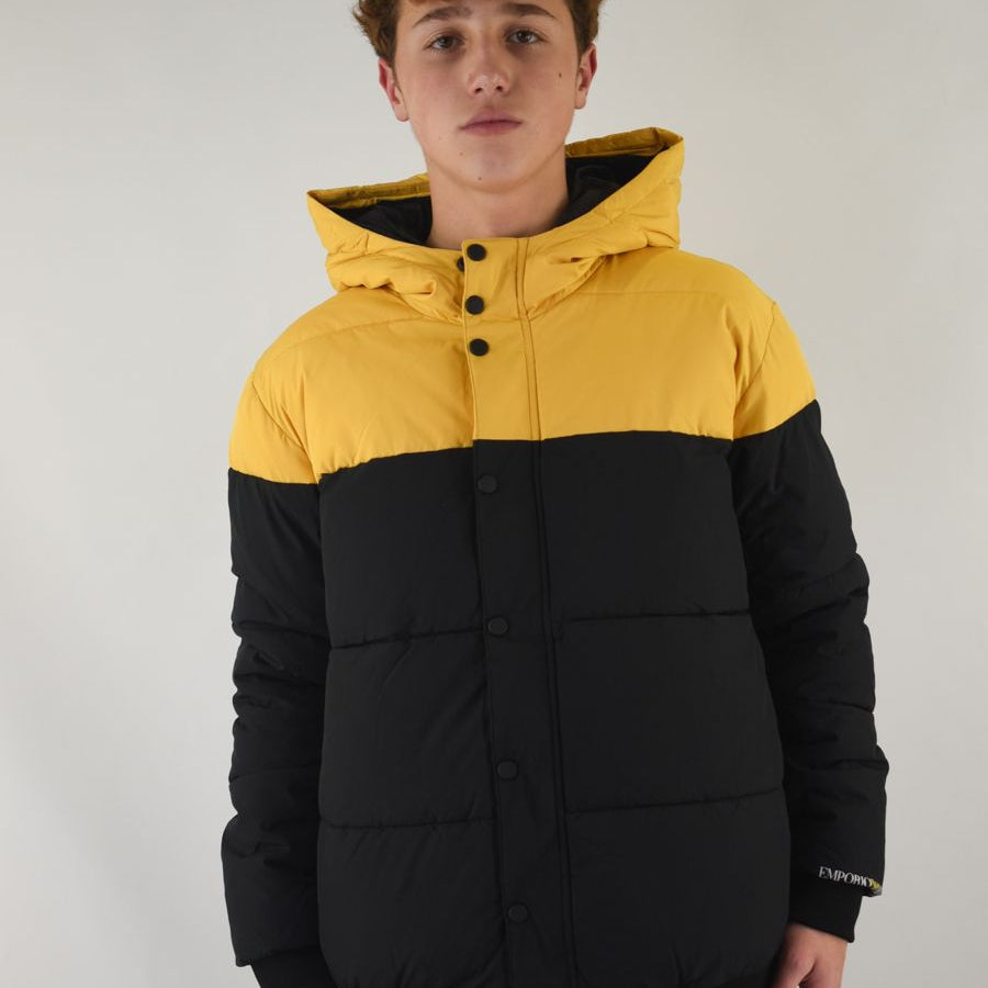 Armani Two-Tone Down Jacket with Hood, Double Zip and Button Closure