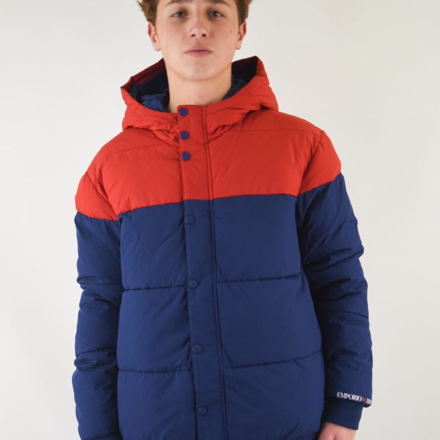 Armani Two-Tone Down Jacket with Hood, Double Zip and Button Closure