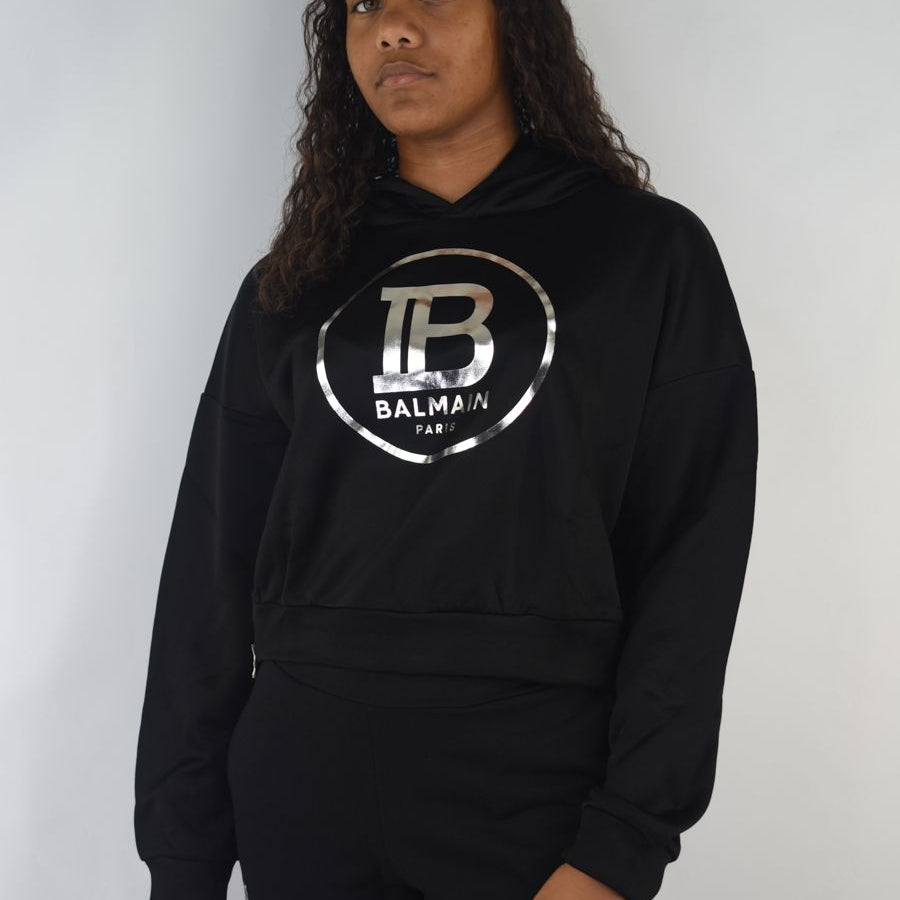 Balmain Cropped Hoodie with Logo Print