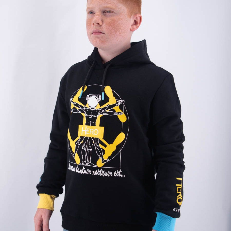 Hero Hoodie with Leet Embroidery, Vetruvian Print, Two-Tone Cuffs