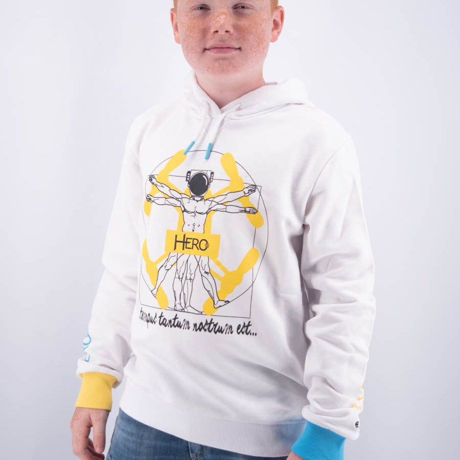 Hero Hoodie with Leet Embroidery, Vetruvian Print, Two-Tone Cuffs