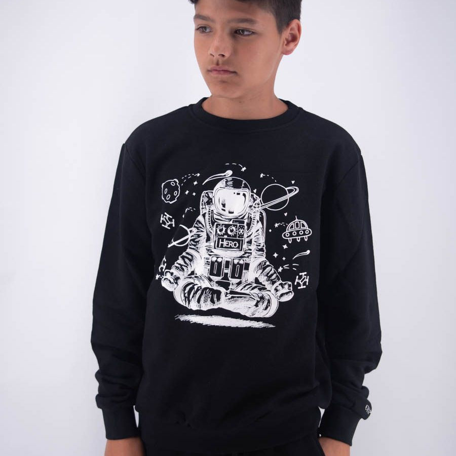 Hero Crewneck Sweatshirt with Leet Embroidery and Yoga Astronaut Print