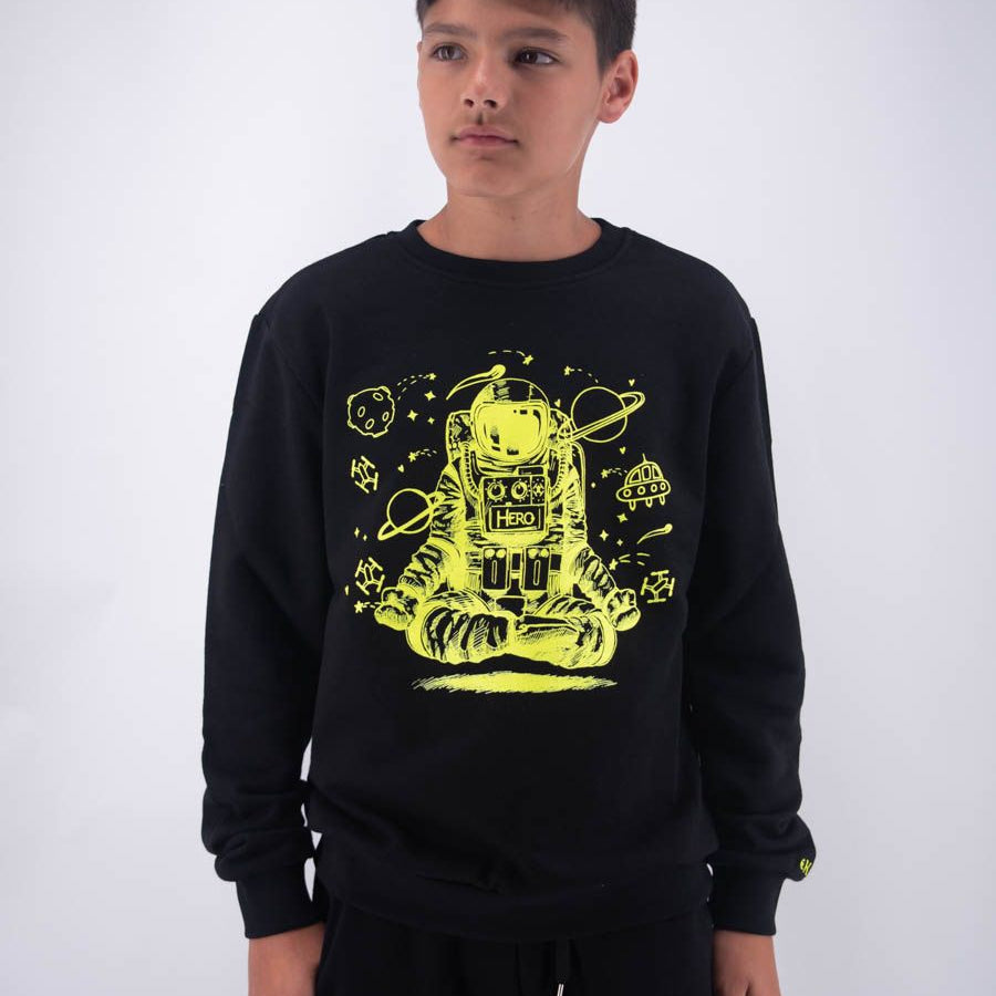 Hero Crewneck Sweatshirt with Leet Embroidery and Yoga Astronaut Print